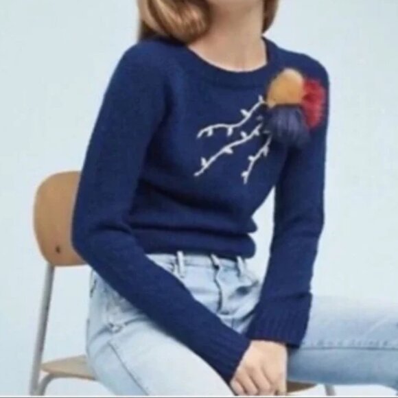 Anthropologie Evie Field Flower Navy Long Sleeve Pom Pom Embroidered Sweater - Picture 2 of 10